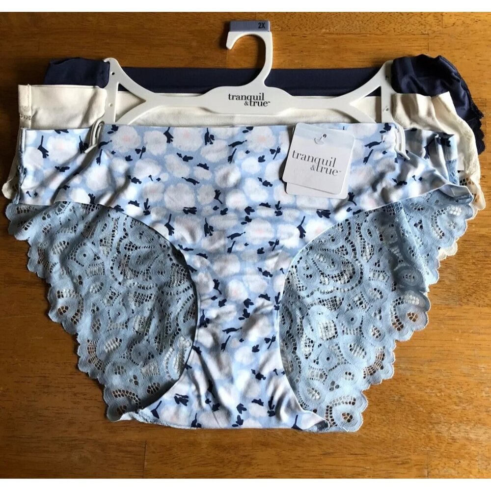 Tranquil & True Women's 1X Bikini With Lace Briefs Panties Underwear Blue 3 Pair